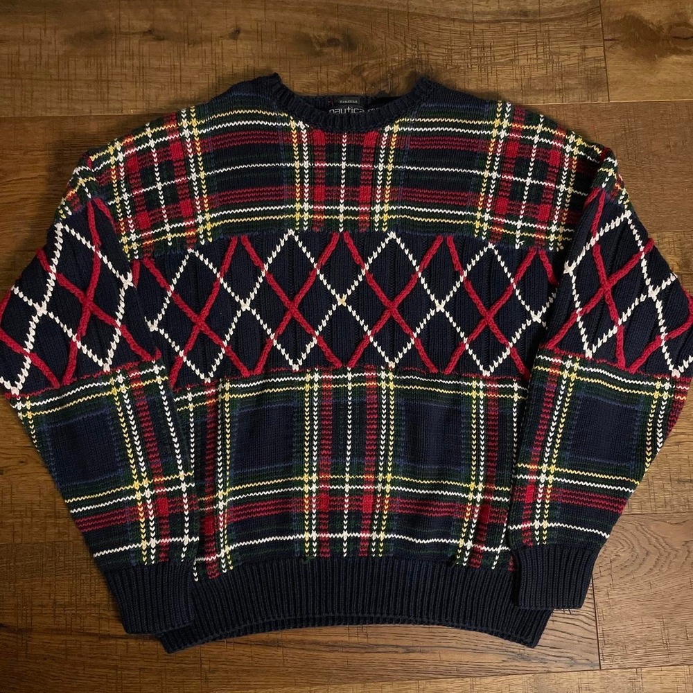 Nautica Sweater Mens XXL Navy Red Plaid Preppy Academia Hand Knit Cotton